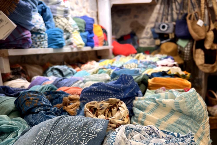 Handmade scarves at RIZA Gift Shop in Kardamyli, Mani, Greece